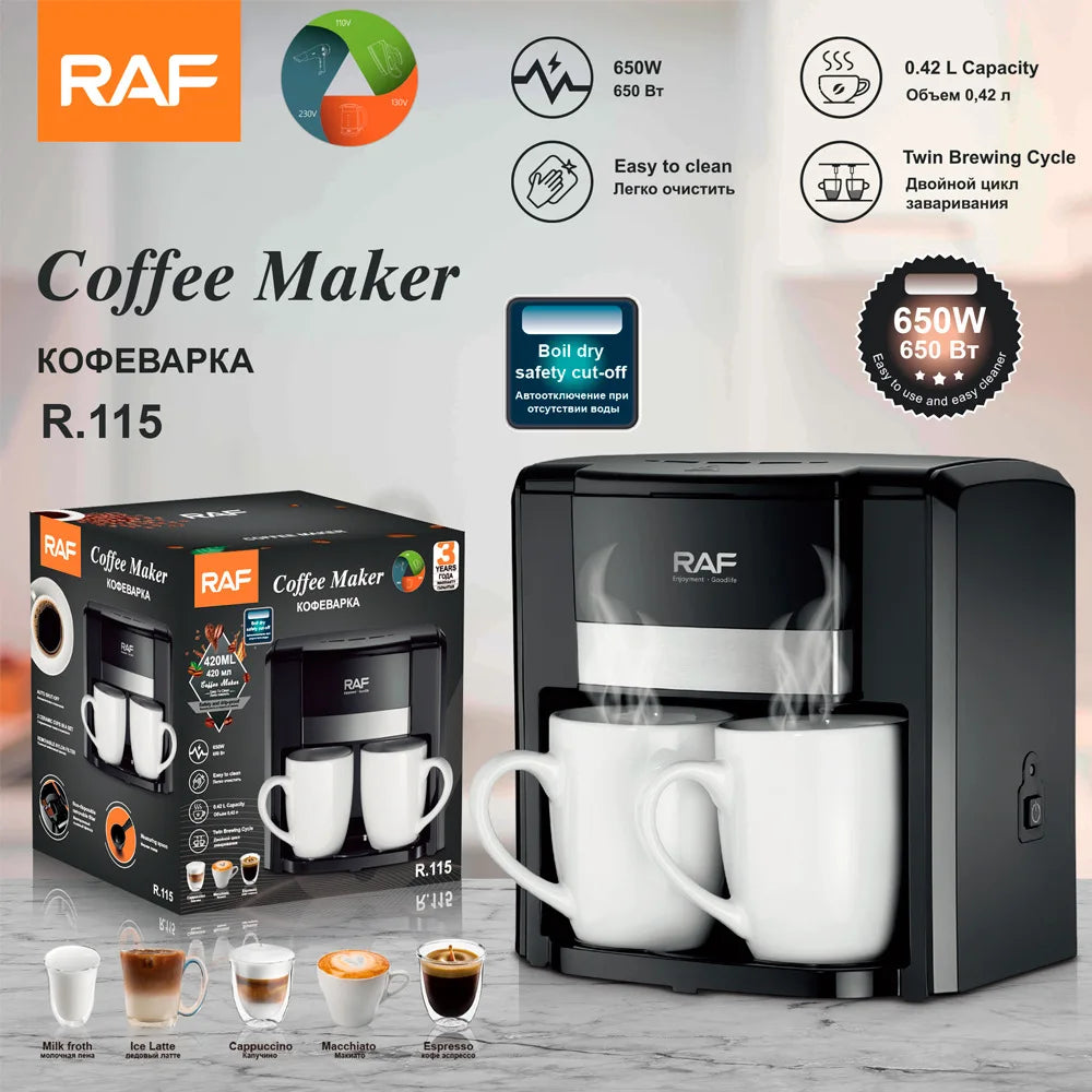 Home Use Small Semi-Automatic Coffee Machine American Drip Coffee Maker Double Cup Automatic Moka Pot
