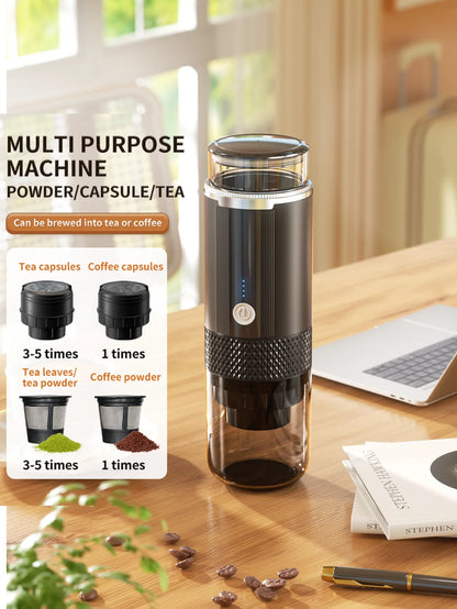 Portable Capsule Coffee Machine with 2-in-1 Design, One-Touch Dual Extraction, Compatible with Tea and Coffee Capsules, Essential for Car, Home, and Travel, Recommended for Office and Camping