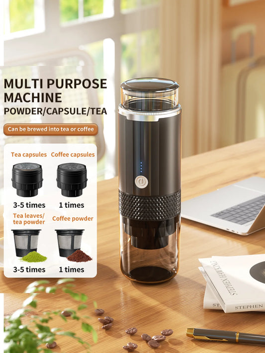 Portable Capsule Coffee Machine with 2-in-1 Design, One-Touch Dual Extraction, Compatible with Tea and Coffee Capsules, Essential for Car, Home, and Travel, Recommended for Office and Camping
